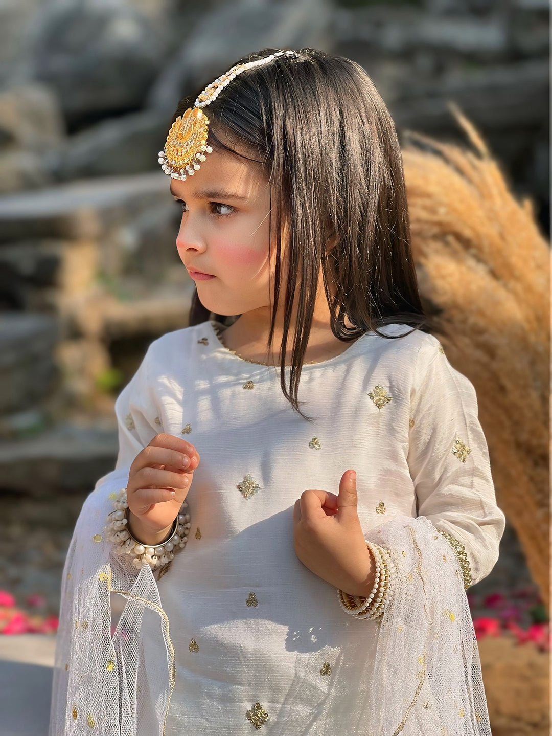 Mom4Little - Zari Boti Shirt Net Gharara For Girl - white  - 3 Piece