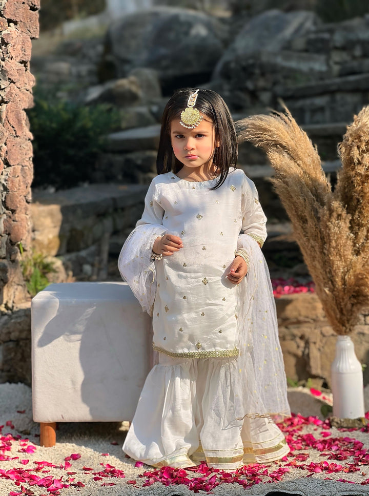 Mom4Little - Zari Boti Shirt Net Gharara For Girl - white  - 3 Piece