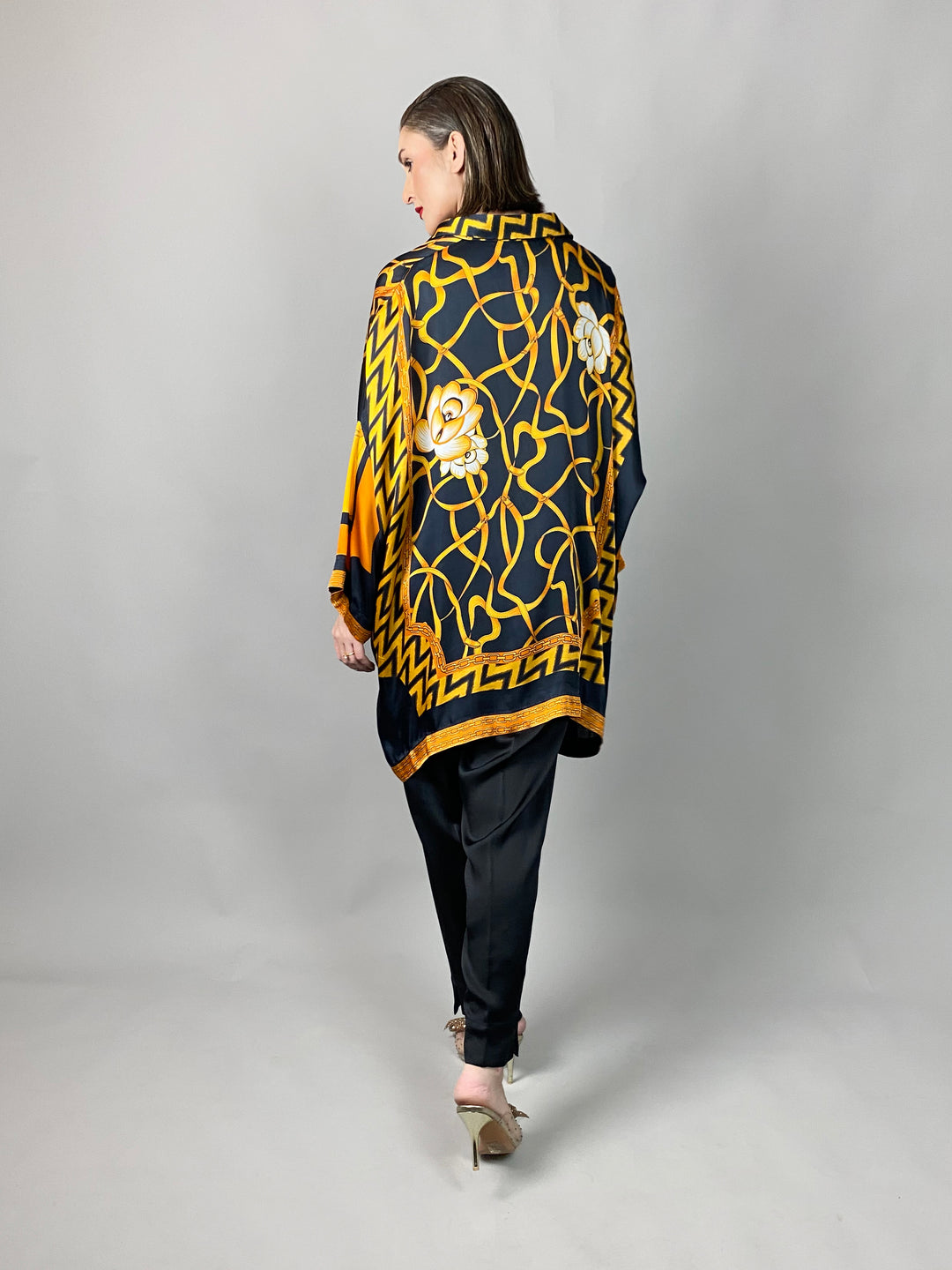Maheen Khan - Rose Black Scarf Baggy Shirt - BLACK GOLD - Blended Silk - 1 Piece