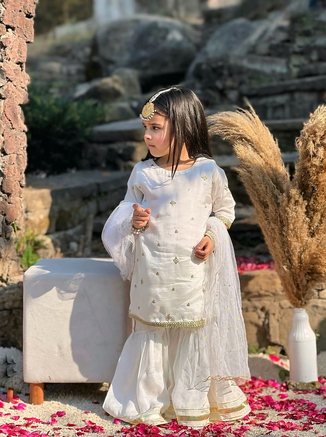 Mom4Little - Zari Boti Shirt Net Gharara For Girl - white  - 3 Piece