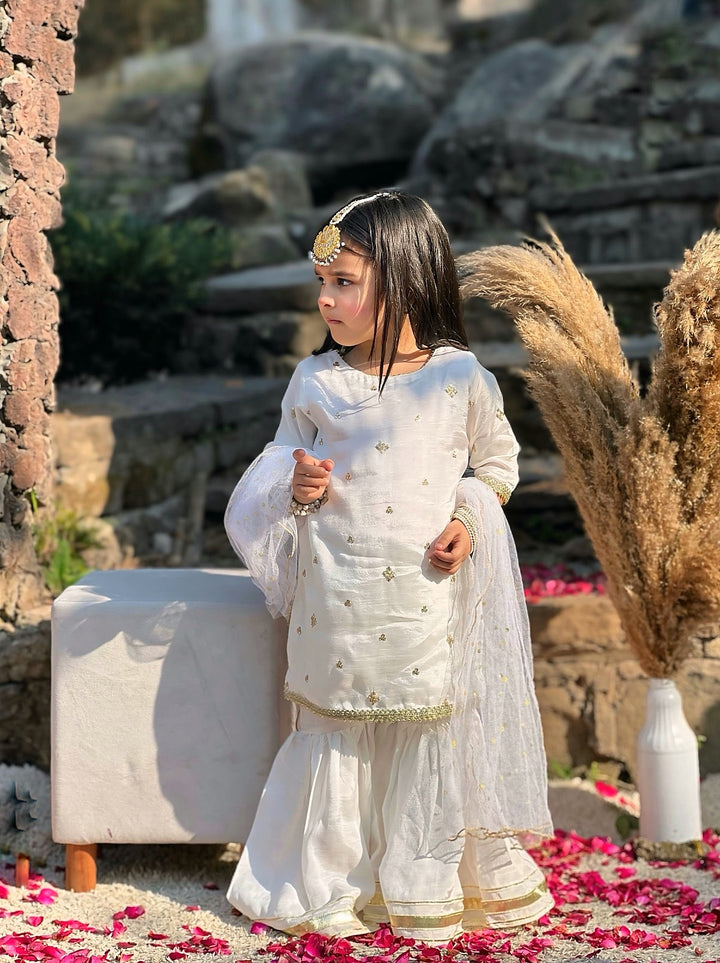 Mom4Little - Zari Boti Shirt Net Gharara For Girl - white  - 3 Piece