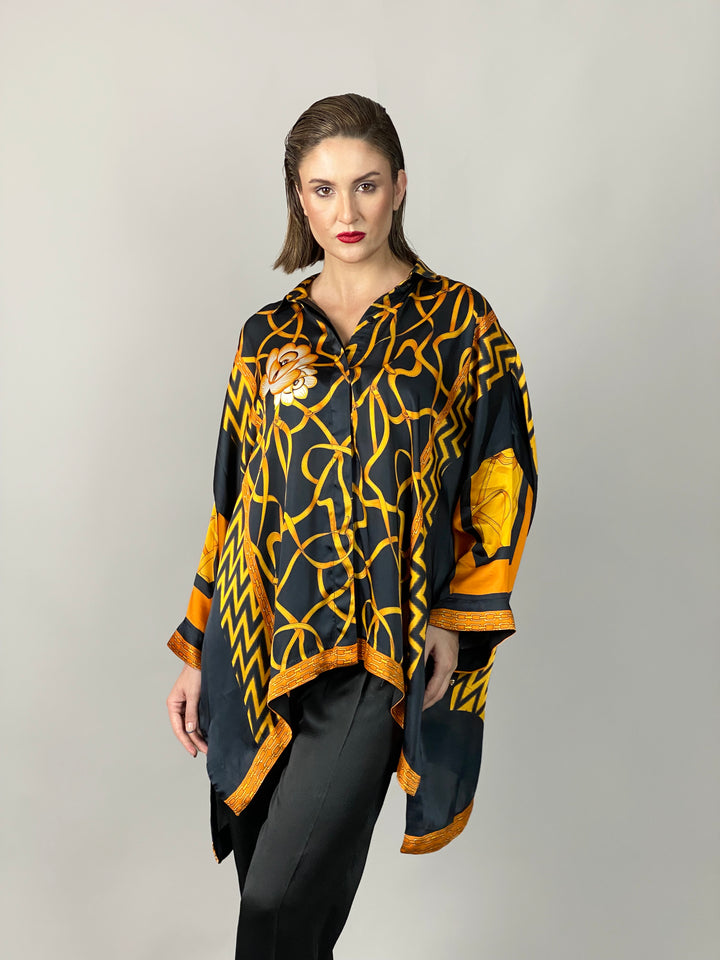 Maheen Khan - Rose Black Scarf Baggy Shirt - BLACK GOLD - Blended Silk - 1 Piece