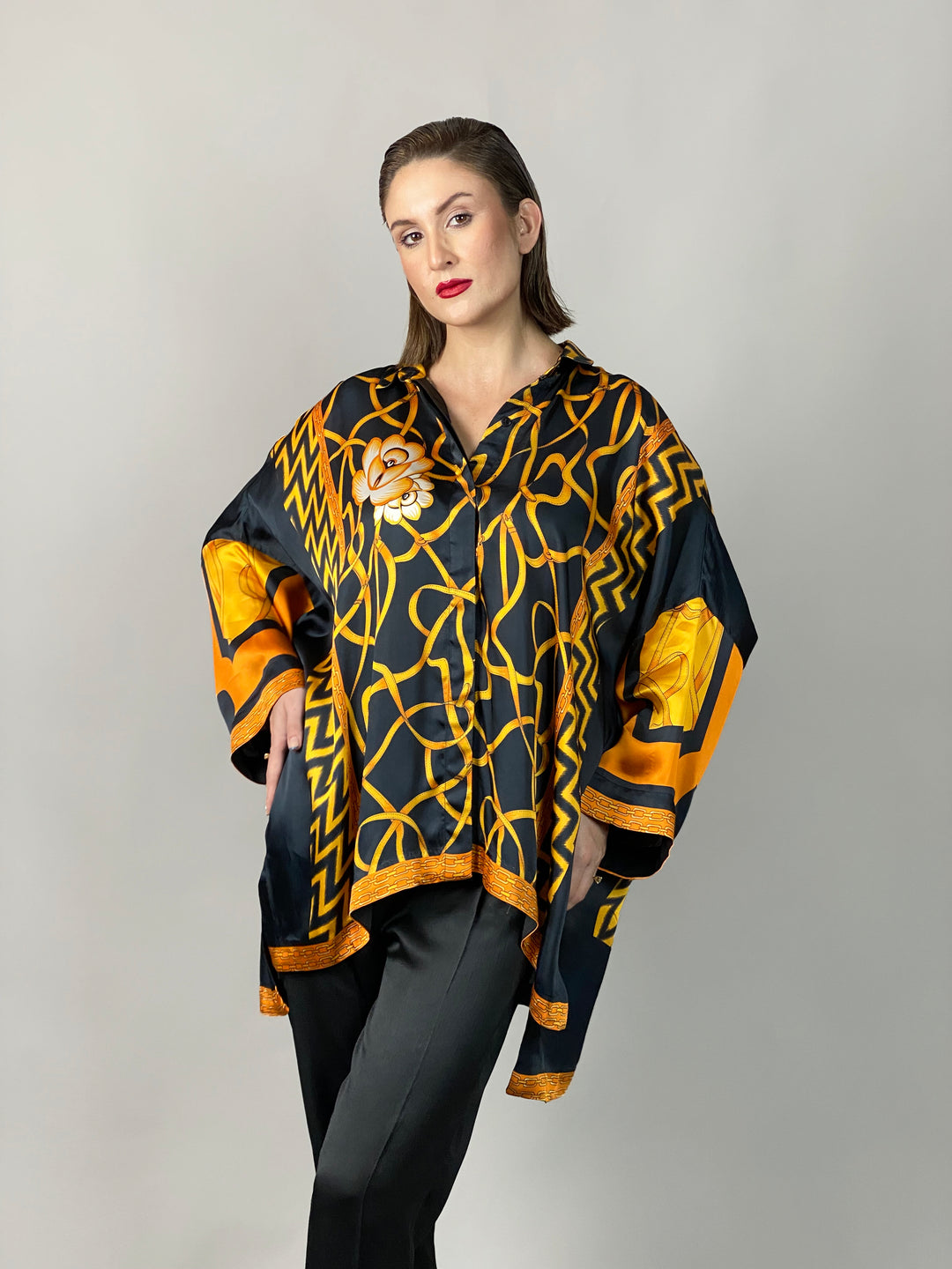 Maheen Khan - Rose Black Scarf Baggy Shirt - BLACK GOLD - Blended Silk - 1 Piece