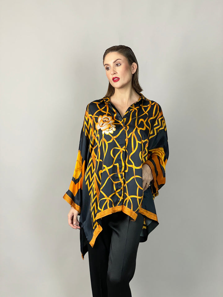 Maheen Khan - Rose Black Scarf Baggy Shirt - BLACK GOLD - Blended Silk - 1 Piece