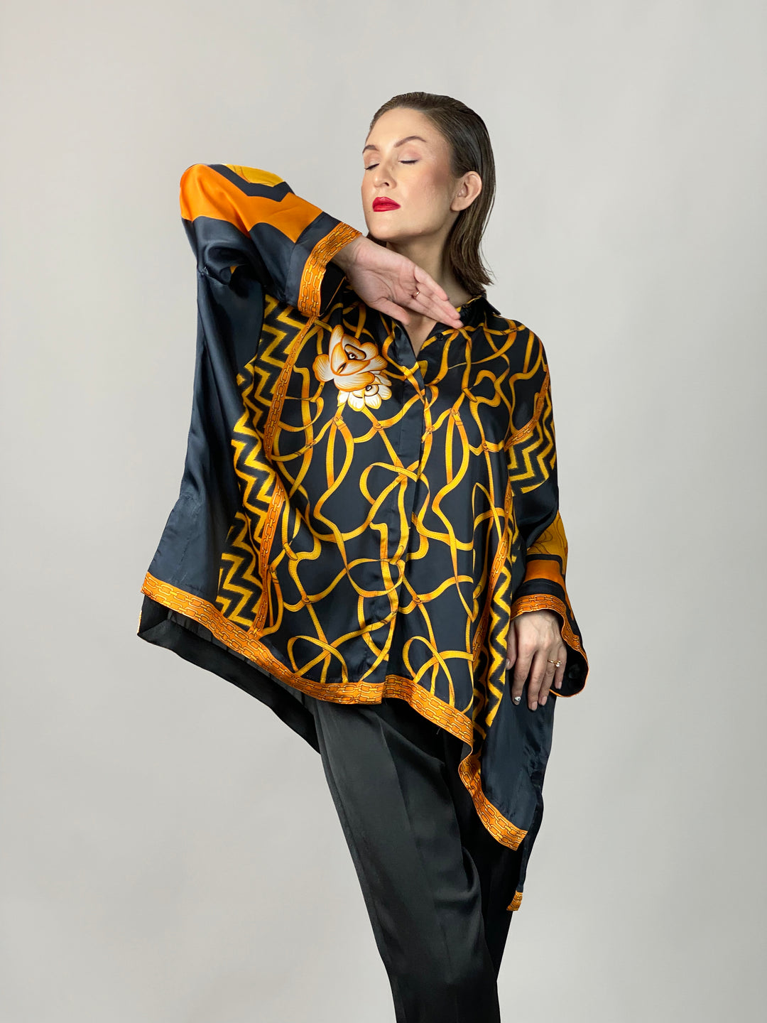 Maheen Khan - Rose Black Scarf Baggy Shirt - BLACK GOLD - Blended Silk - 1 Piece