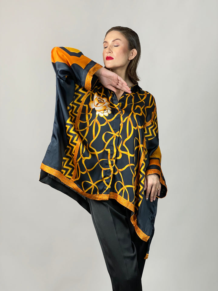 Maheen Khan - Rose Black Scarf Baggy Shirt - BLACK GOLD - Blended Silk - 1 Piece