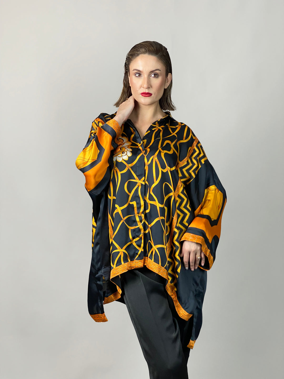 Maheen Khan - Rose Black Scarf Baggy Shirt - BLACK GOLD - Blended Silk - 1 Piece