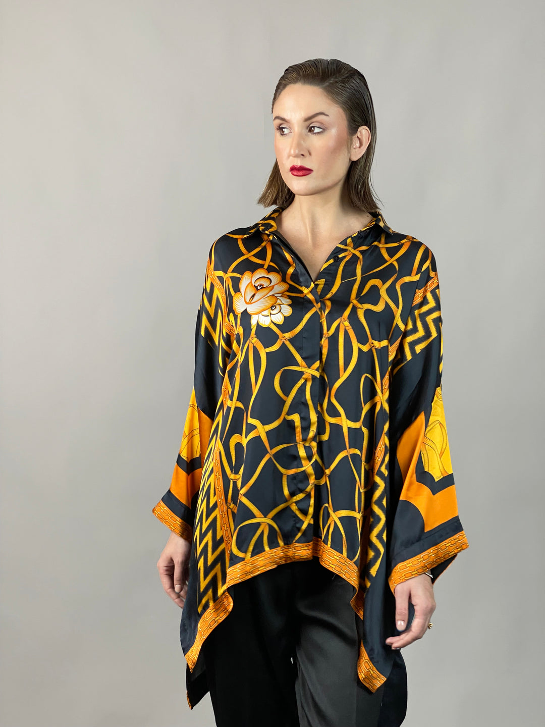 Maheen Khan - Rose Black Scarf Baggy Shirt - BLACK GOLD - Blended Silk - 1 Piece