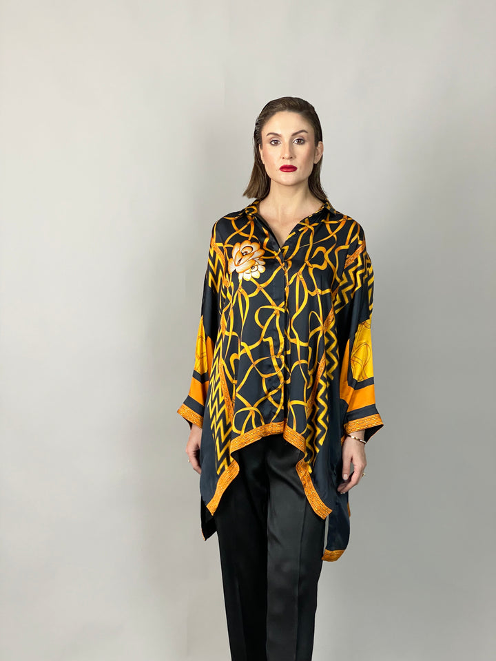 Maheen Khan - Rose Black Scarf Baggy Shirt - BLACK GOLD - Blended Silk - 1 Piece
