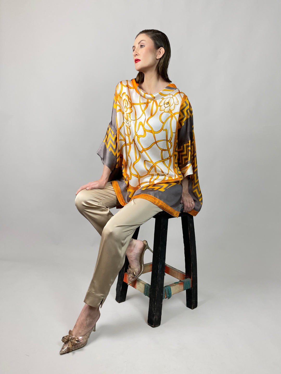 Maheen Khan - Rose Grey/Gold Tunic - GREY GOLD - Blended Silk - 1 Piece