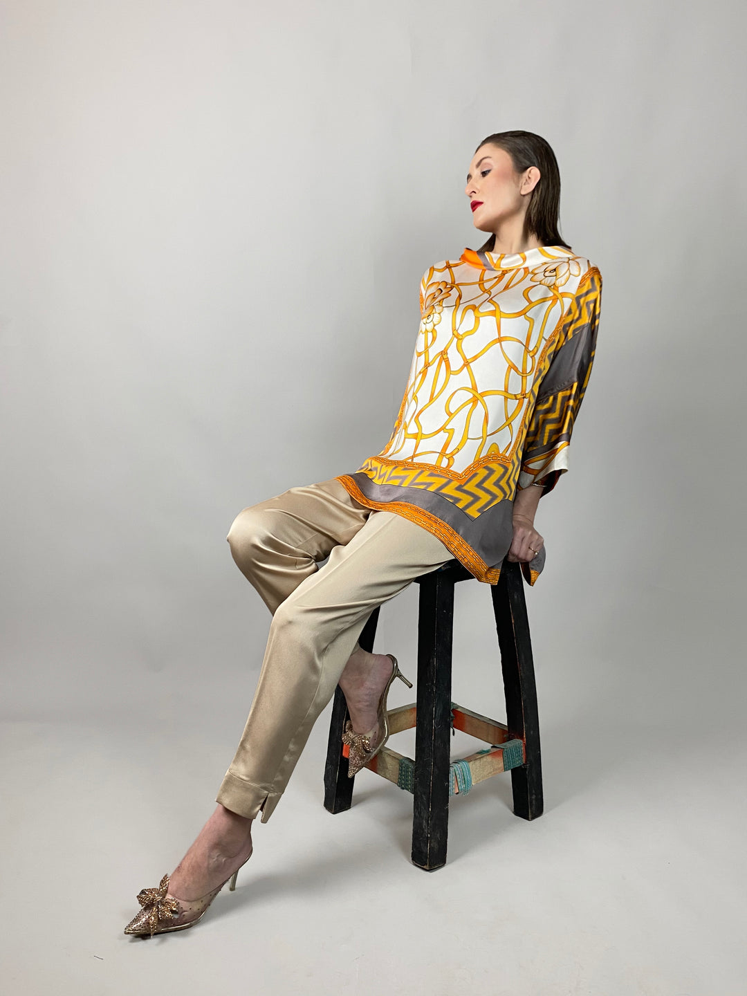 Maheen Khan - Rose Grey/Gold Tunic - GREY GOLD - Blended Silk - 1 Piece