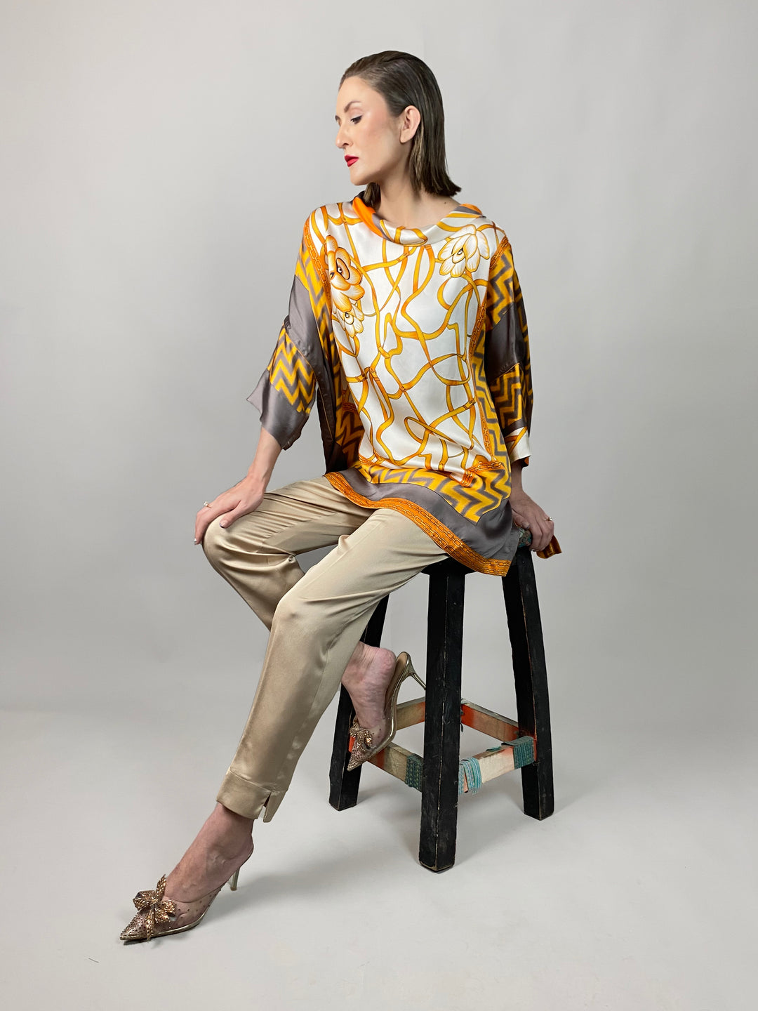 Maheen Khan - Rose Grey/Gold Tunic - GREY GOLD - Blended Silk - 1 Piece