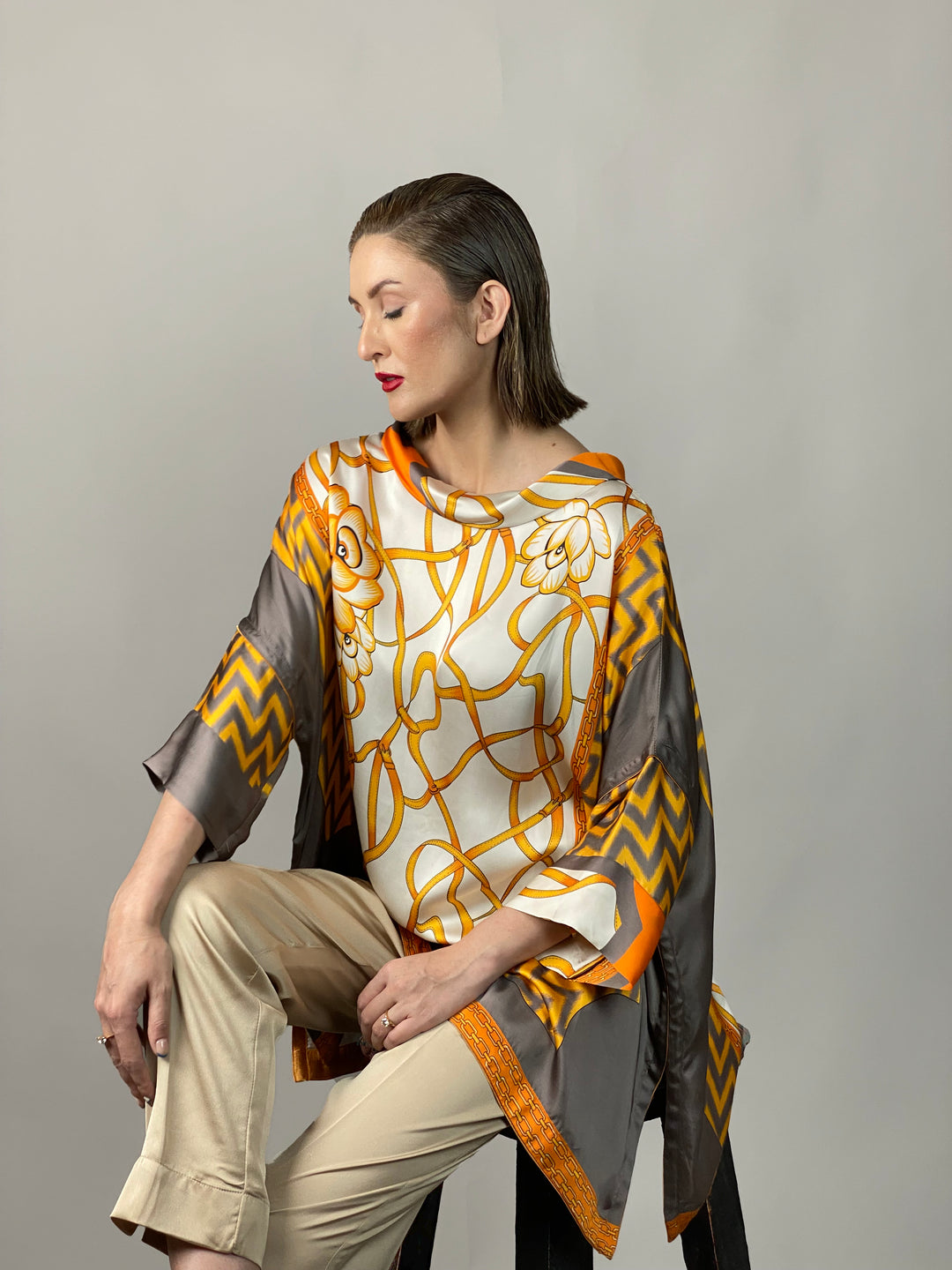 Maheen Khan - Rose Grey/Gold Tunic - GREY GOLD - Blended Silk - 1 Piece