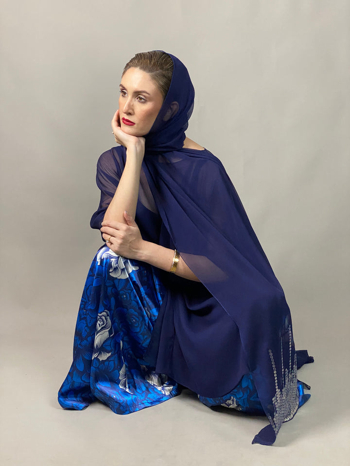 Maheen Khan - Midnight Symphony - NAVY - Blended Chiffon + Satin Silk - 3 Piece