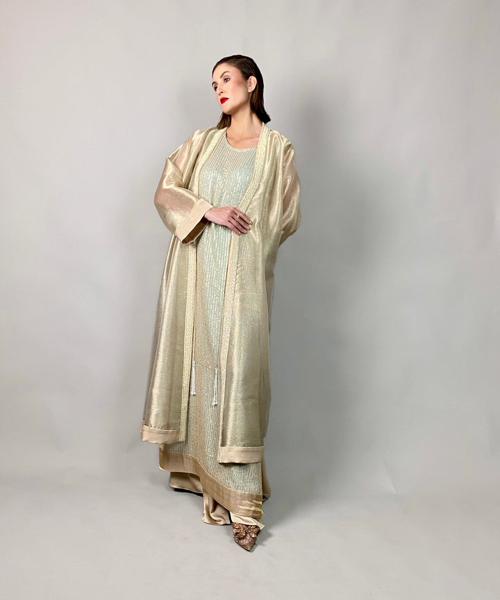 Maheen Khan - Sleeveless Pale Gold Tunic - GOLD AQUA - Blended Chiffon + EMBROIDERY - 1 Piece