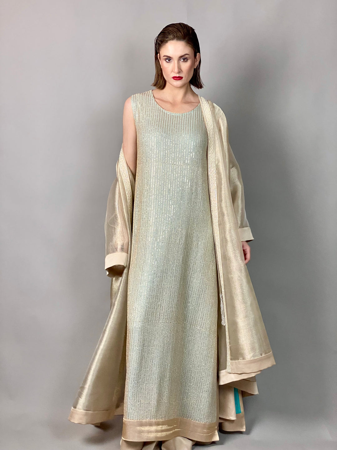 Maheen Khan - Sleeveless Pale Gold Tunic - GOLD AQUA - Blended Chiffon + EMBROIDERY - 1 Piece
