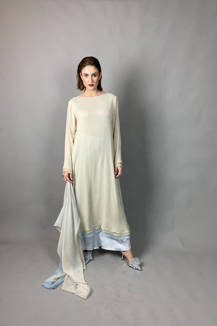 Gulabo - IVORY DREAM - Blended Chiffon + Satin Silk - Cream/Grey - 3 Piece