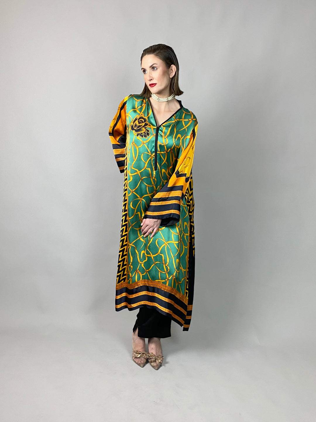 Maheen Khan - Emerald Scarf Tunic - Emerald GOLD BLACK - BLENDED SILK - 1 Piece