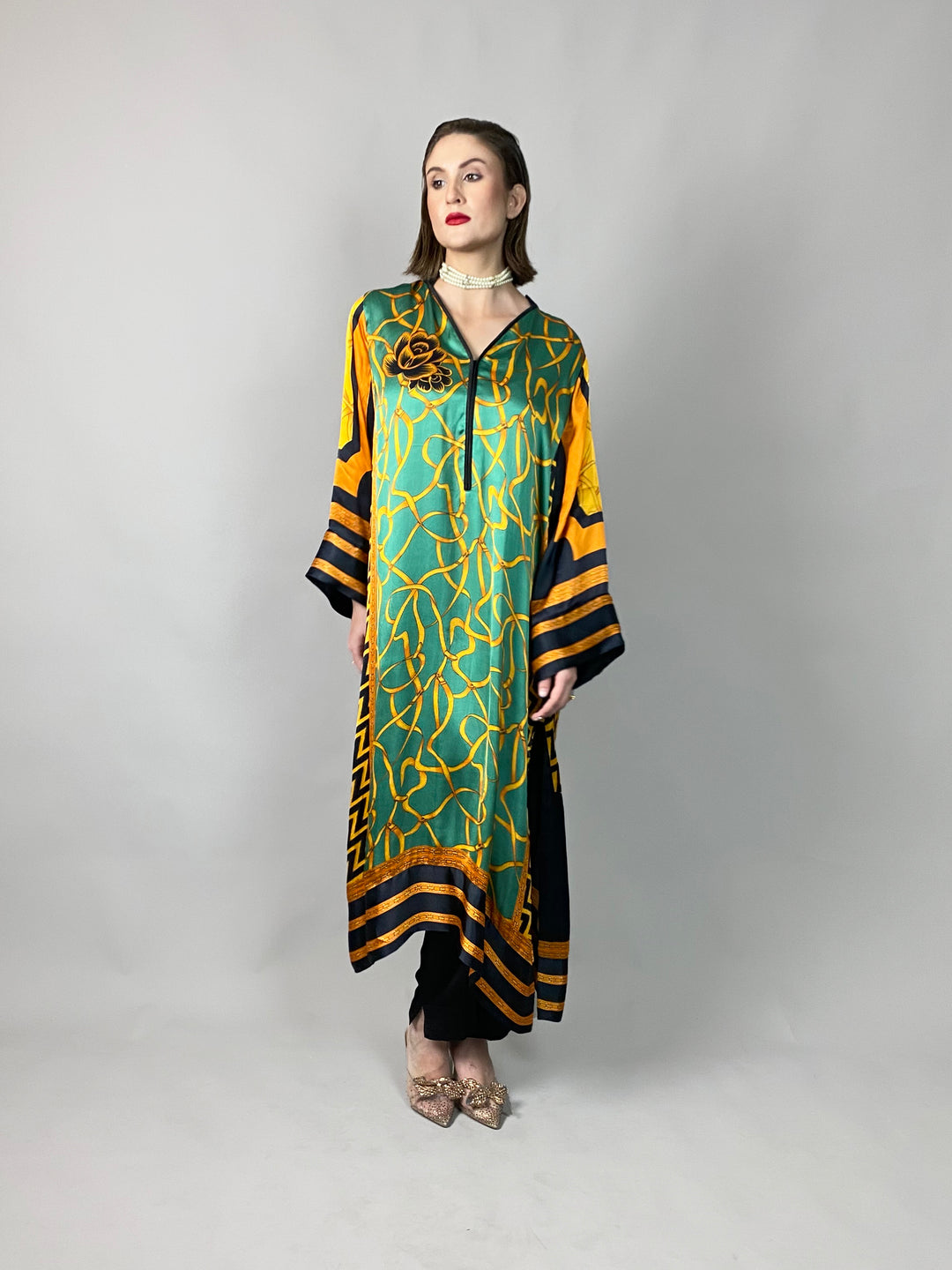 Maheen Khan - Emerald Scarf Tunic - Emerald GOLD BLACK - BLENDED SILK - 1 Piece