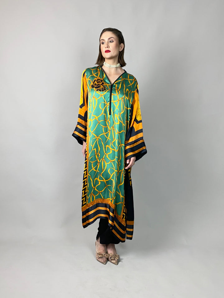 Maheen Khan - Emerald Scarf Tunic - Emerald GOLD BLACK - BLENDED SILK - 1 Piece