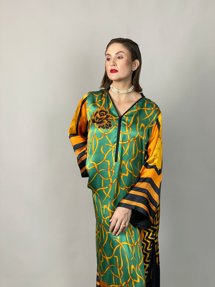 Maheen Khan - Emerald Scarf Tunic - Emerald GOLD BLACK - BLENDED SILK - 1 Piece
