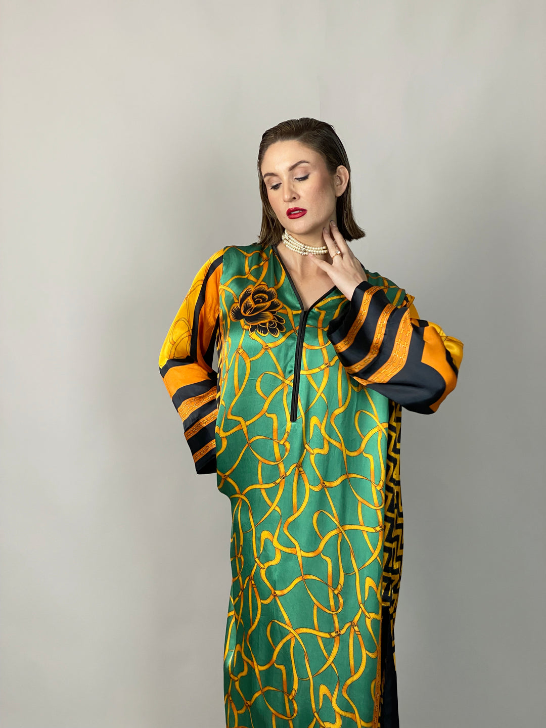 Maheen Khan - Emerald Scarf Tunic - Emerald GOLD BLACK - BLENDED SILK - 1 Piece