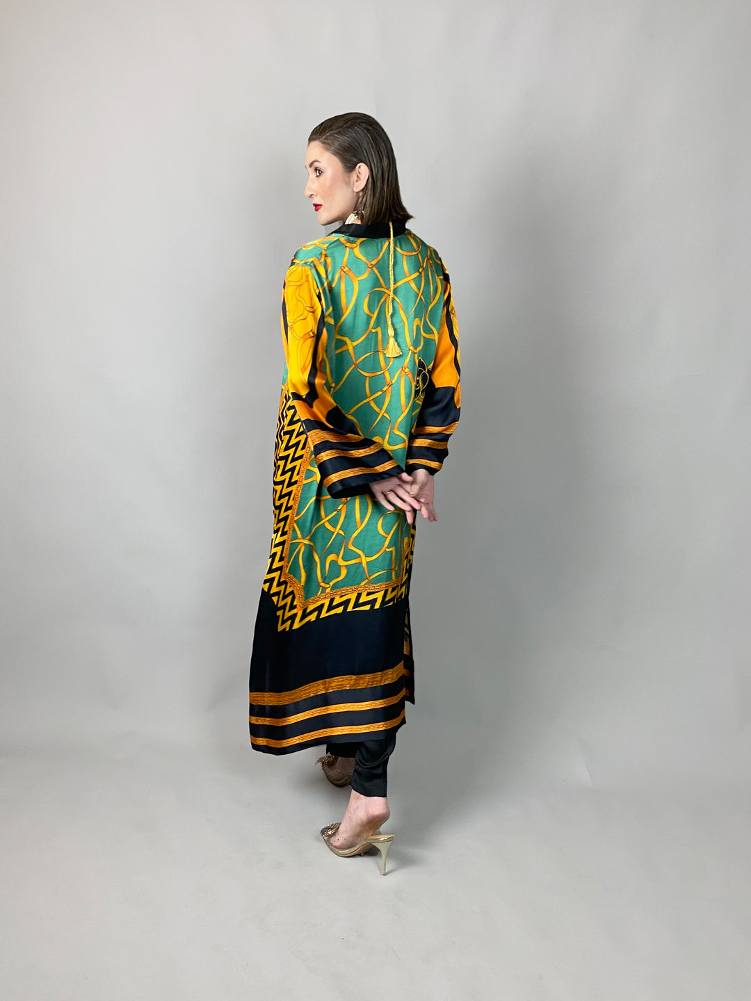 Maheen Khan - Emerald Scarf Tunic - Emerald GOLD BLACK - BLENDED SILK - 1 Piece