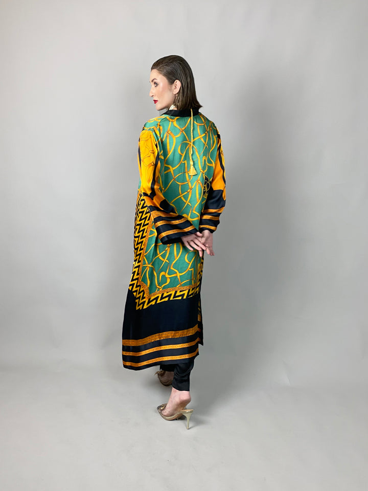 Maheen Khan - Emerald Scarf Tunic - Emerald GOLD BLACK - BLENDED SILK - 1 Piece