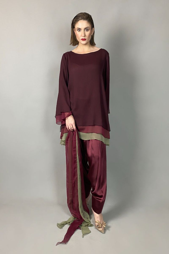 Gulabo - RUBY - Blended Chiffon + Satin Silk - Maroon/Olive - 3 Piece