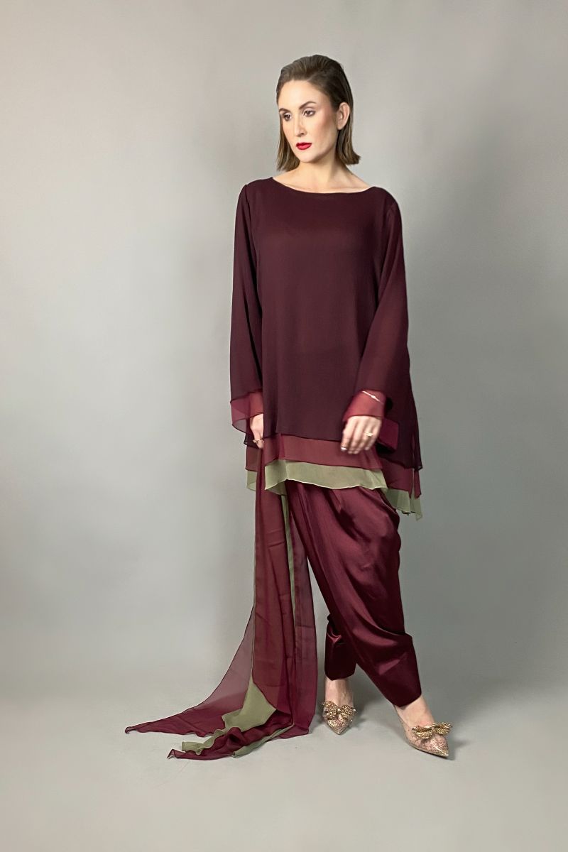 Gulabo - RUBY - Blended Chiffon + Satin Silk - Maroon/Olive - 3 Piece