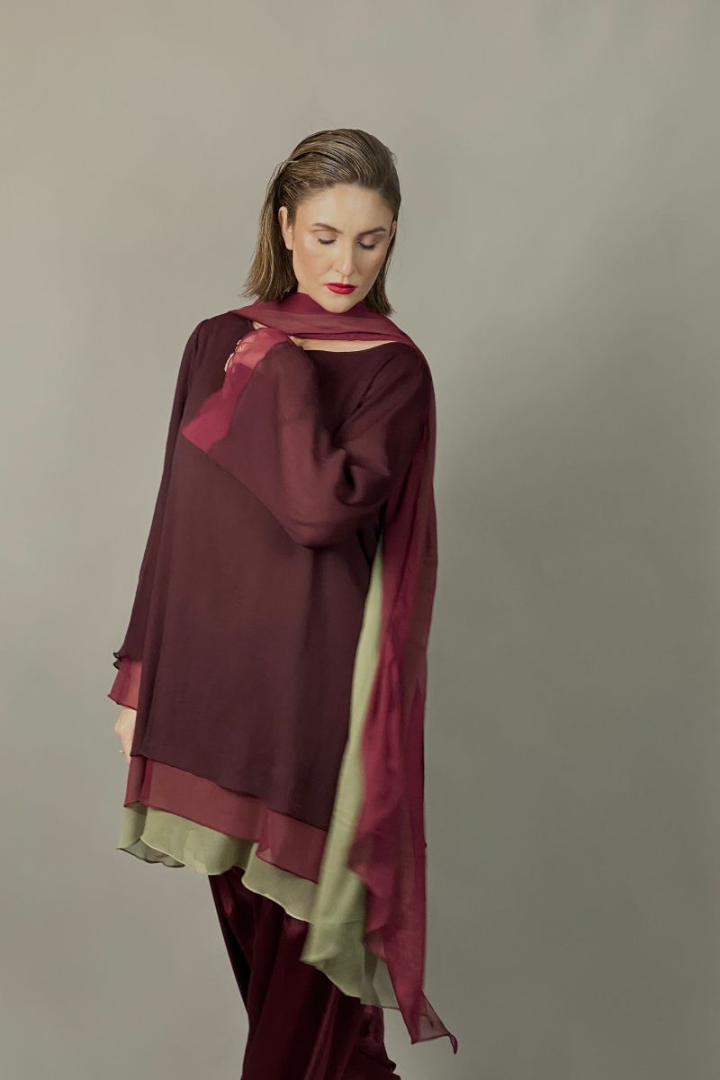 Gulabo - RUBY - Blended Chiffon + Satin Silk - Maroon/Olive - 3 Piece