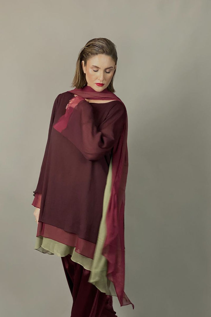 Gulabo - RUBY - Blended Chiffon + Satin Silk - Maroon/Olive - 3 Piece
