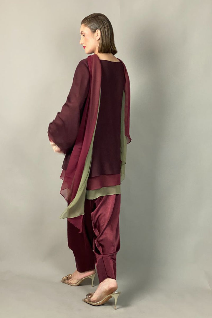 Gulabo - RUBY - Blended Chiffon + Satin Silk - Maroon/Olive - 3 Piece