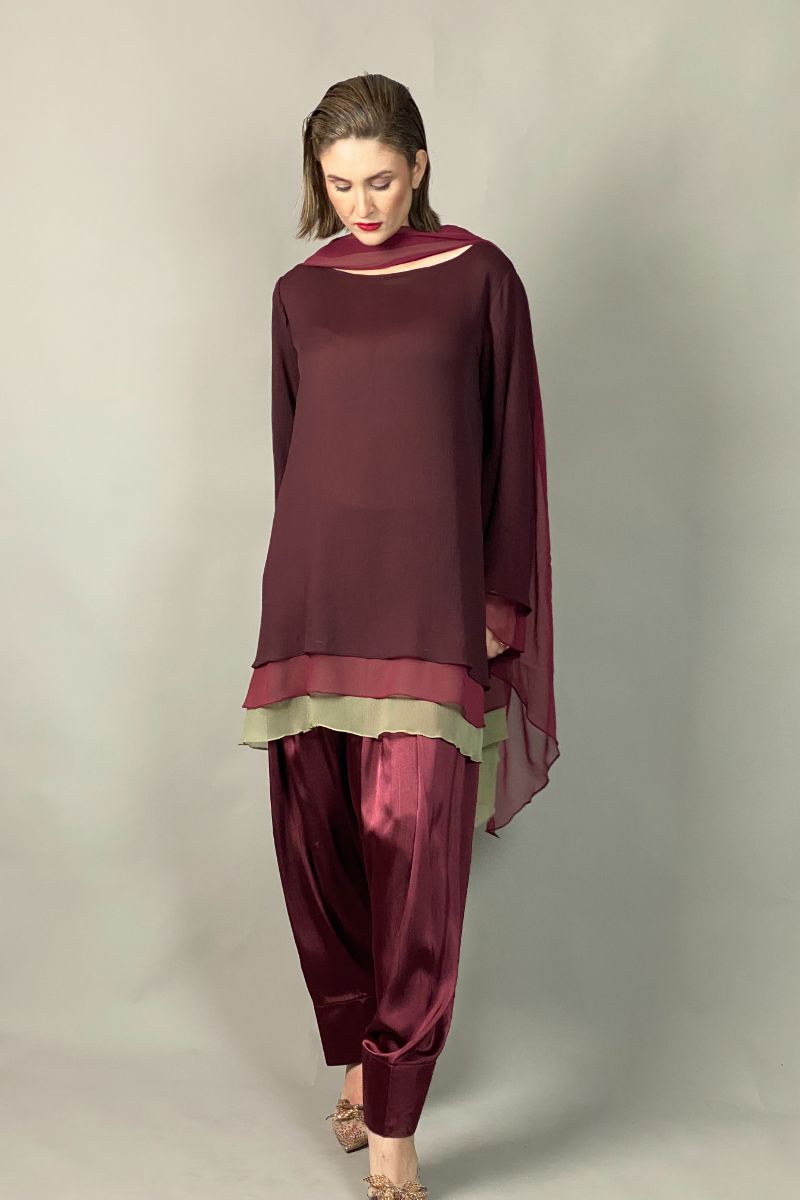 Gulabo - RUBY - Blended Chiffon + Satin Silk - Maroon/Olive - 3 Piece