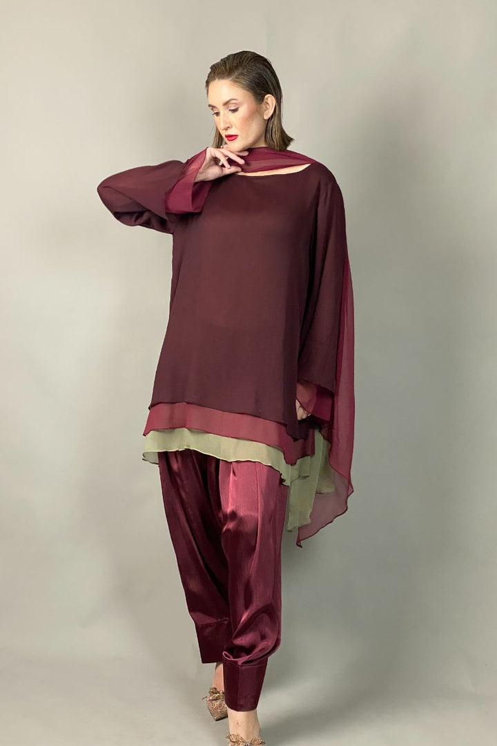 Gulabo - RUBY - Blended Chiffon + Satin Silk - Maroon/Olive - 3 Piece