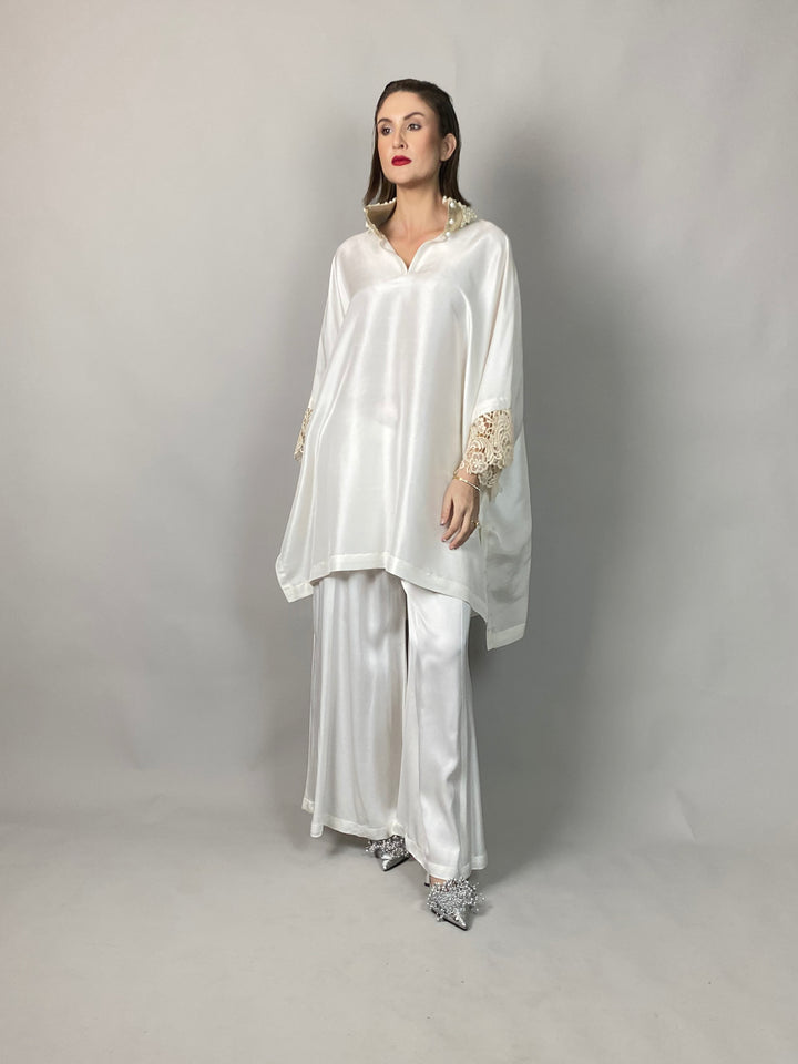 Maheen Khan - Flared  White Pants - WHITE - BLENDED SILK - 1 Piece