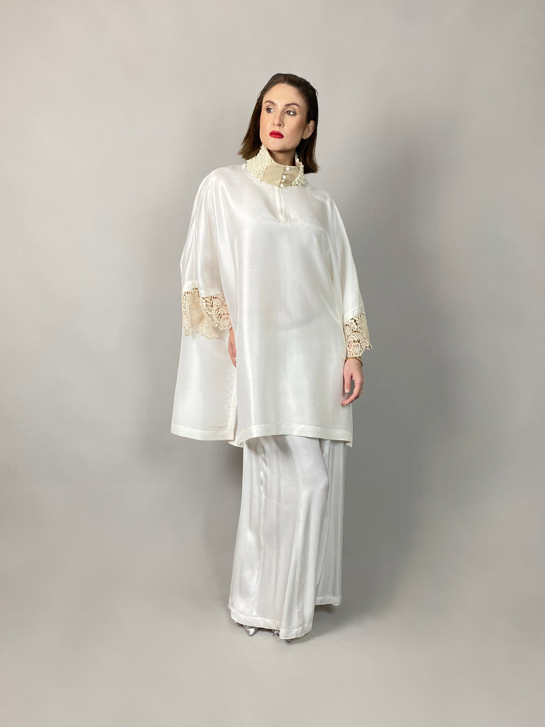 Maheen Khan - Flared  White Pants - WHITE - BLENDED SILK - 1 Piece