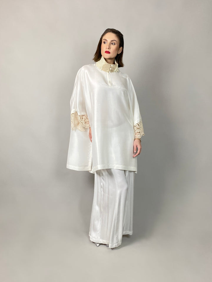 Maheen Khan - Flared  White Pants - WHITE - BLENDED SILK - 1 Piece