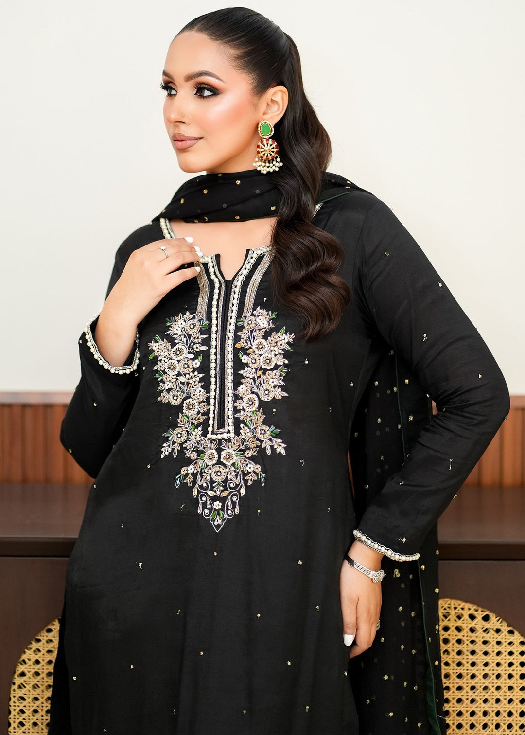 Allure By Ih - Moon Stone Raw Silk Suit For Women - Black - 3 Piece