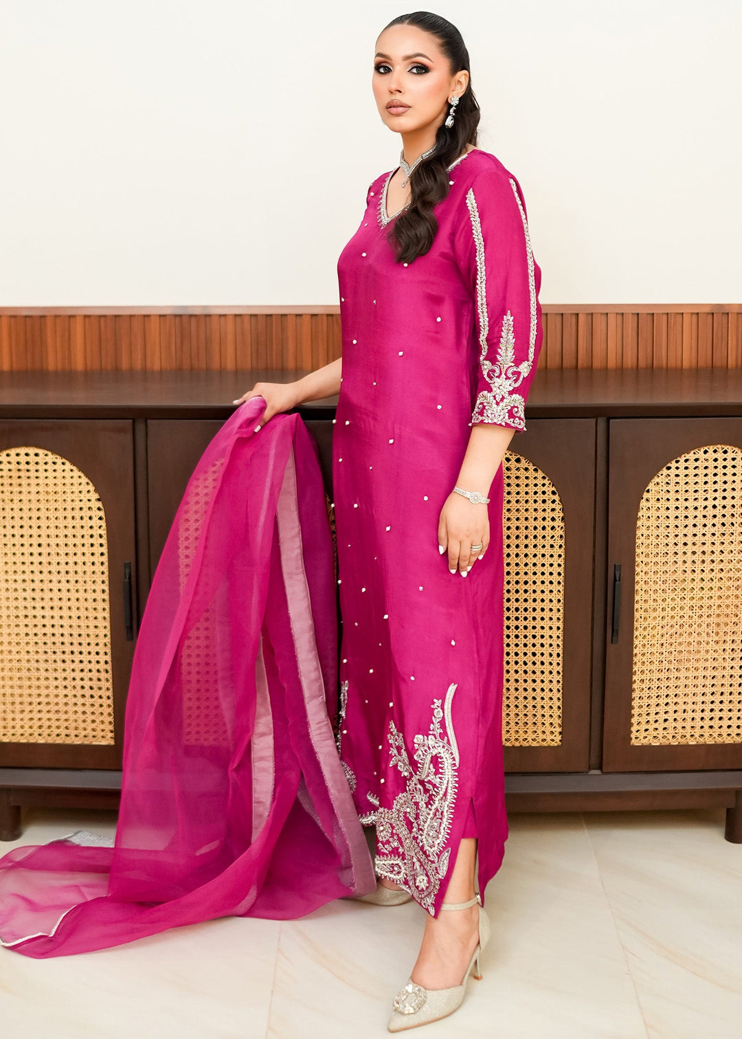 Allure By Ih - Paisley Raw Silk Suit For Women - Burnt Hot Pink - 3 Piece
