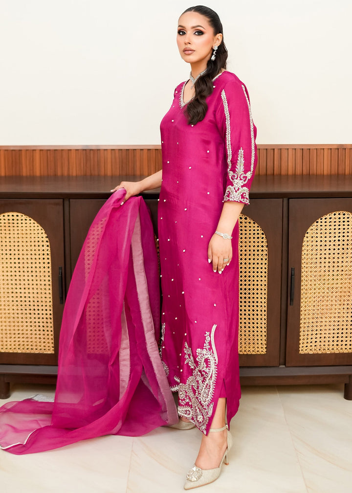Allure By Ih - Paisley Raw Silk Suit For Women - Burnt Hot Pink - 3 Piece
