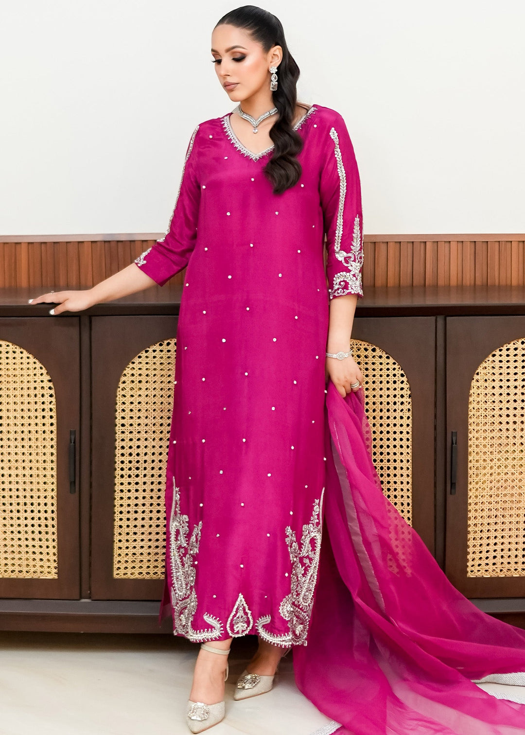 Allure By Ih - Paisley Raw Silk Suit For Women - Burnt Hot Pink - 3 Piece