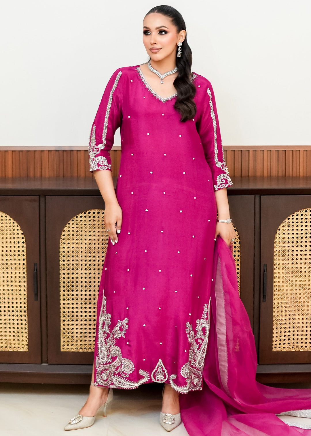 Allure By Ih - Paisley Raw Silk Suit For Women - Burnt Hot Pink - 3 Piece