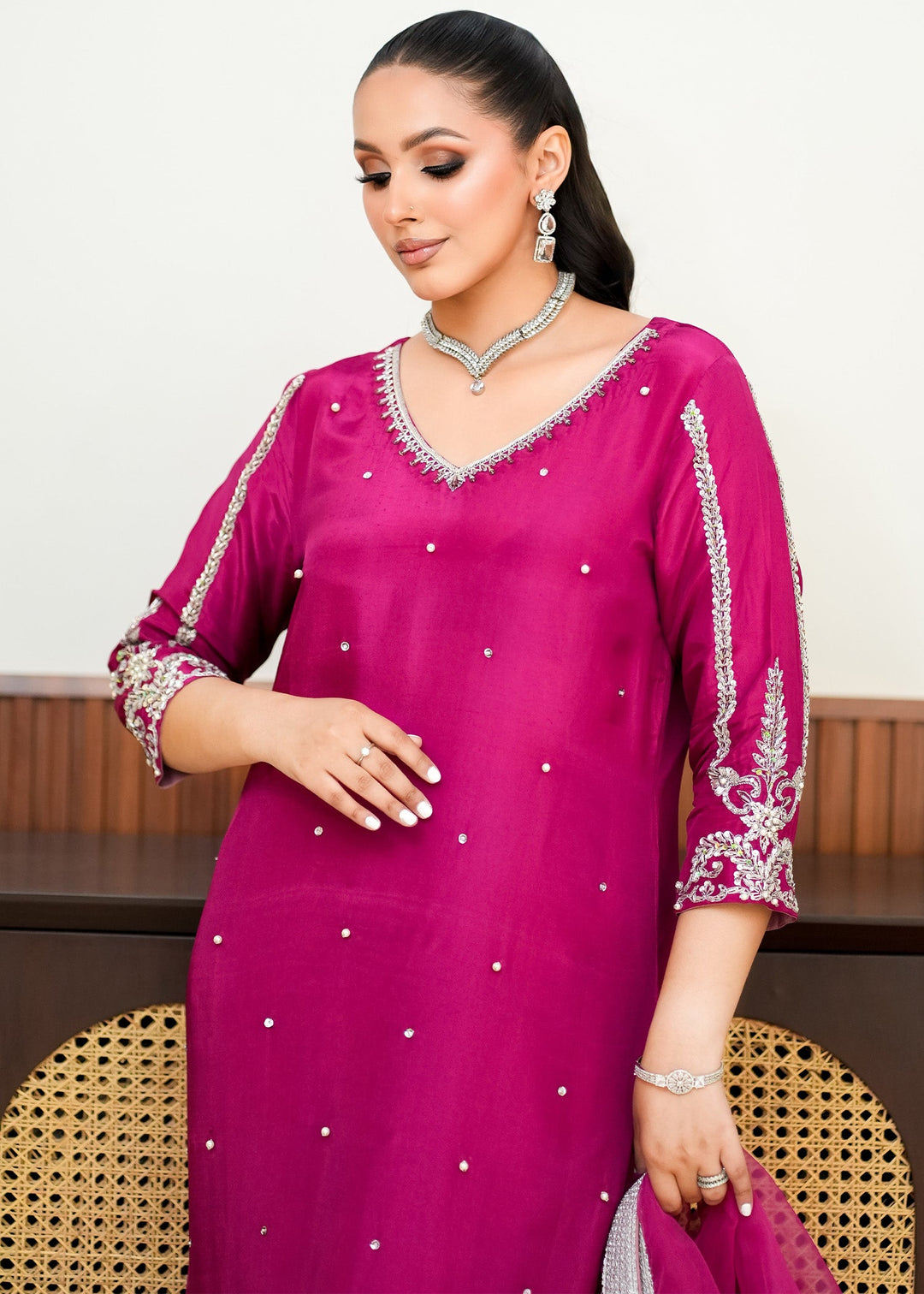 Allure By Ih - Paisley Raw Silk Suit For Women - Burnt Hot Pink - 3 Piece