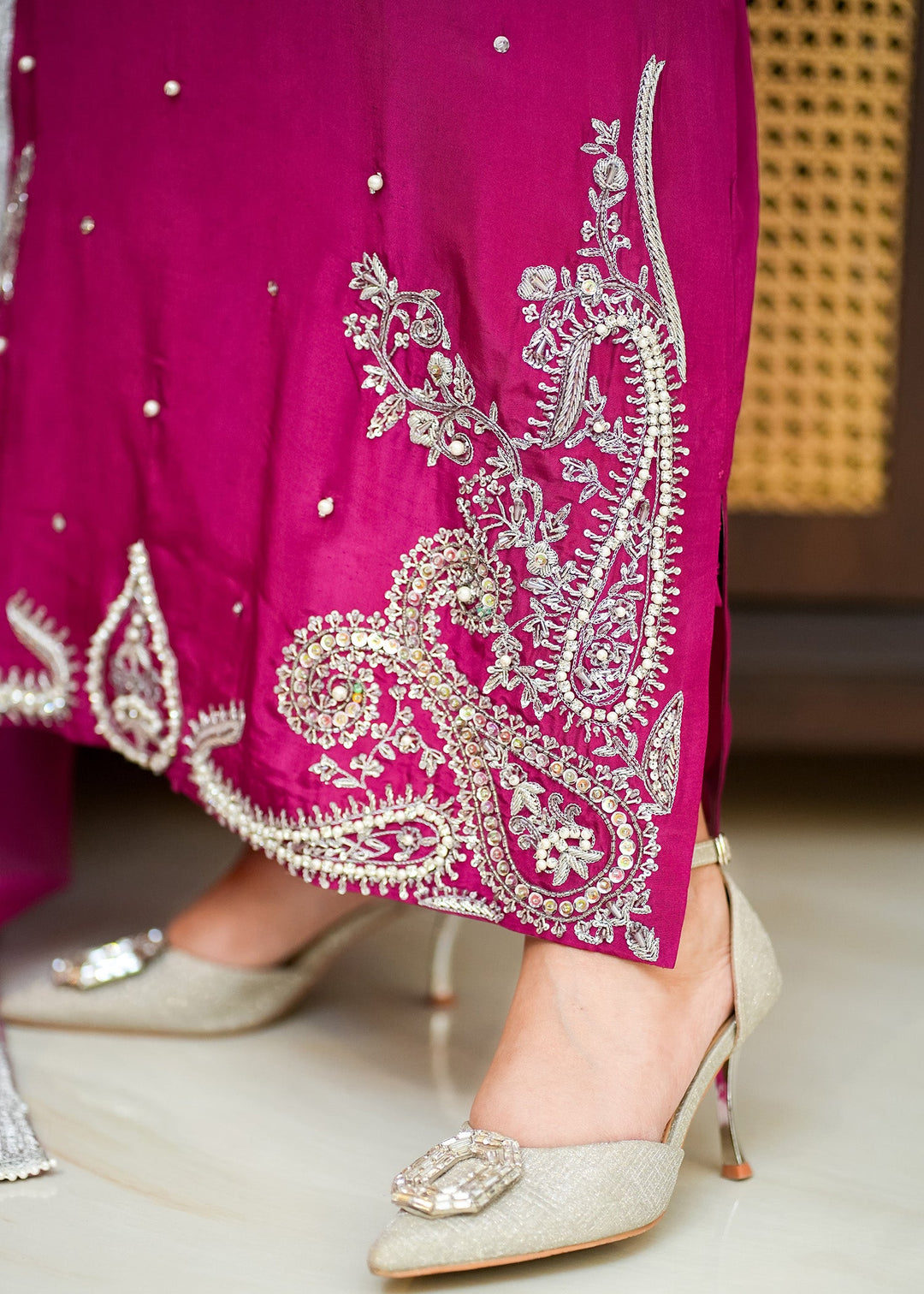 Allure By Ih - Paisley Raw Silk Suit For Women - Burnt Hot Pink - 3 Piece