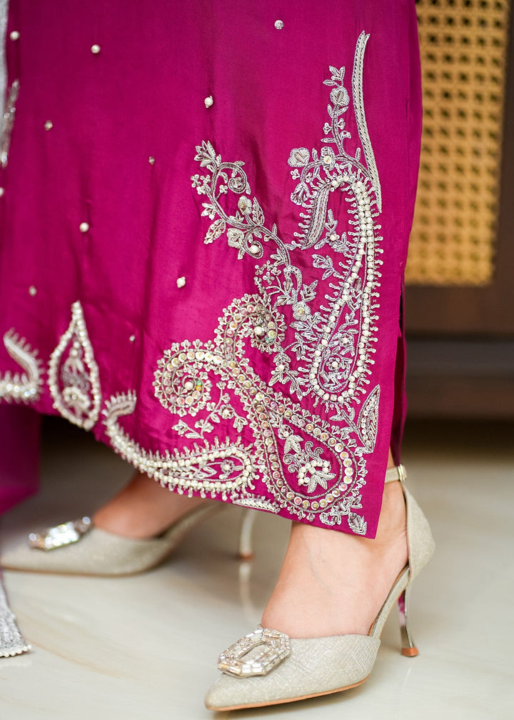 Allure By Ih - Paisley Raw Silk Suit For Women - Burnt Hot Pink - 3 Piece