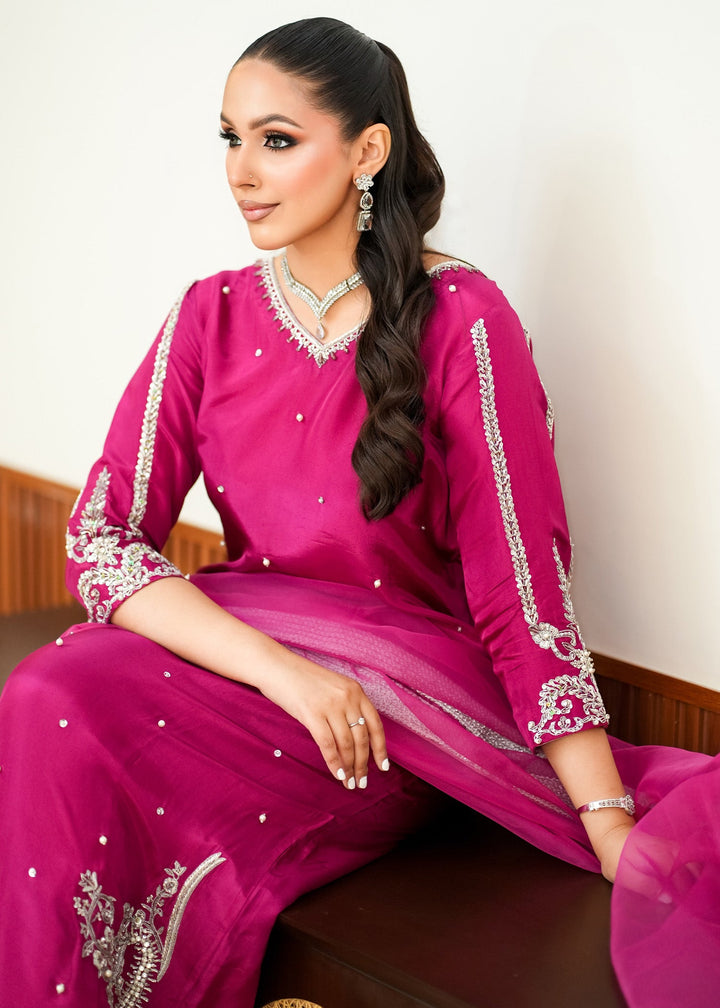 Allure By Ih - Paisley Raw Silk Suit For Women - Burnt Hot Pink - 3 Piece