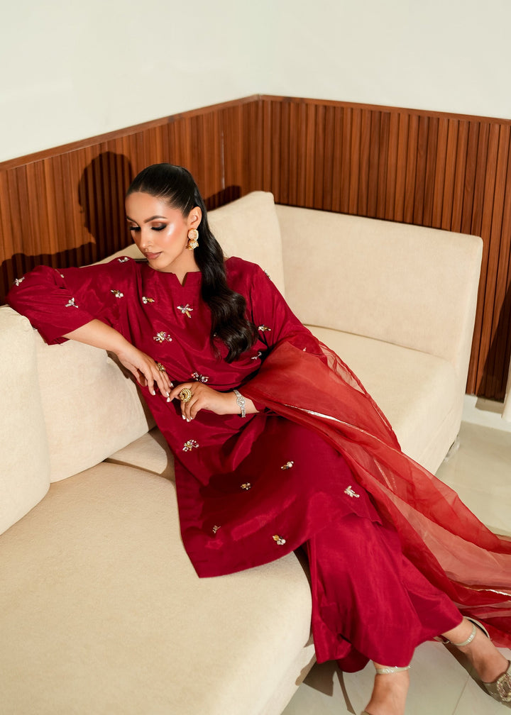 Allure By Ih - Wilma Raw Silk Suit For Women - Red - 3 Piece