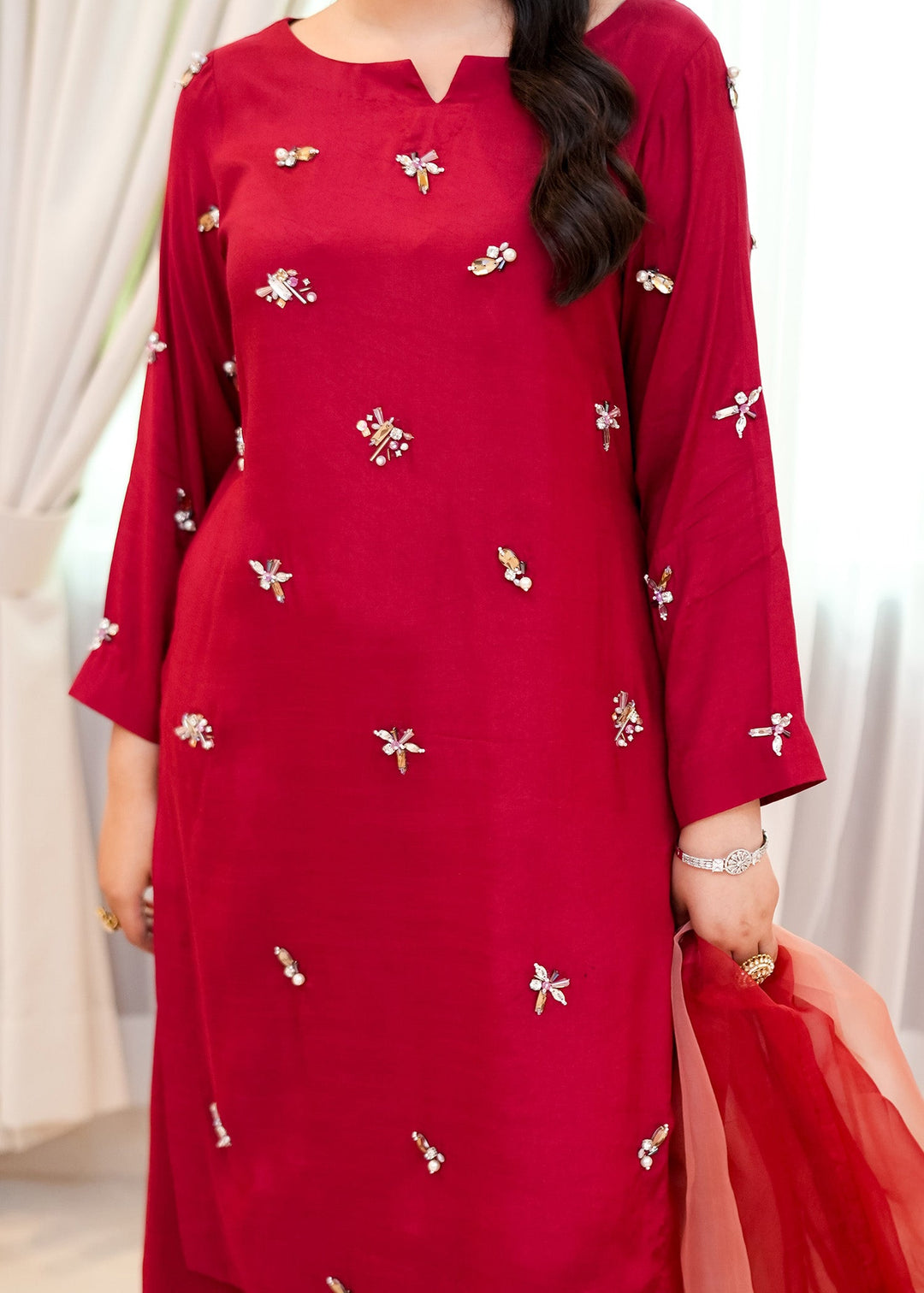 Allure By Ih - Wilma Raw Silk Suit For Women - Red - 3 Piece