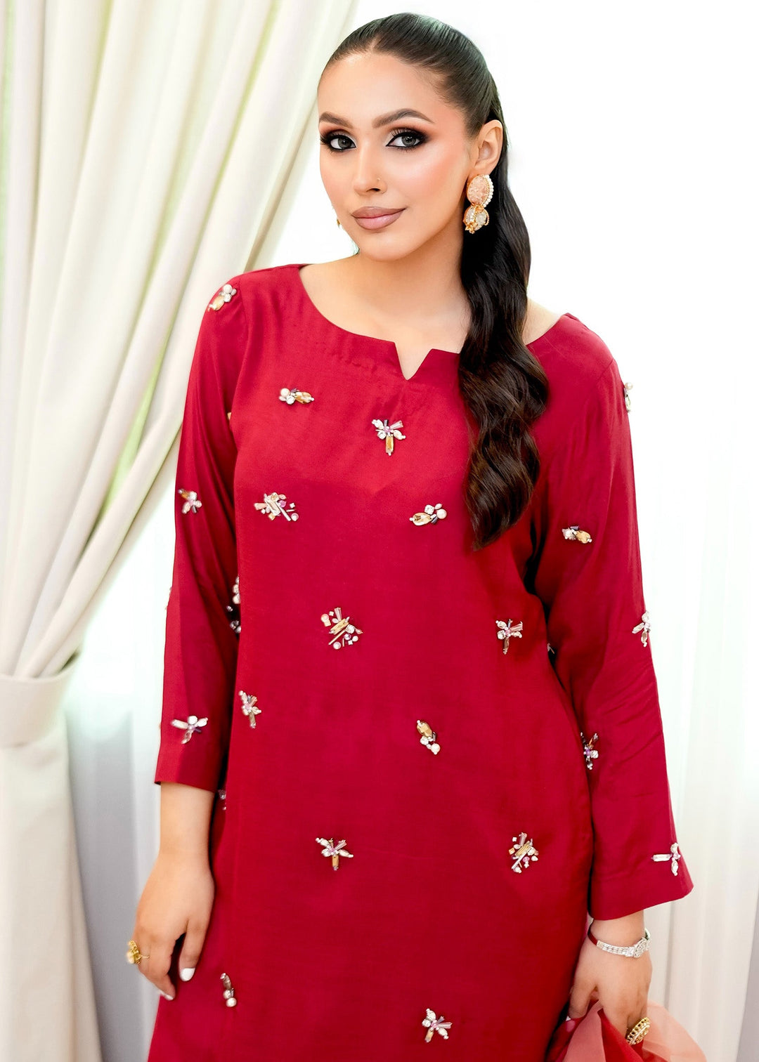 Allure By Ih - Wilma Raw Silk Suit For Women - Red - 3 Piece